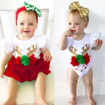 

2018 New Christmas Kid Baby Girls 6M-18M Clothing Lace Sleeveless Rompers Jumpsuit Infant Girls Xmas Clothes