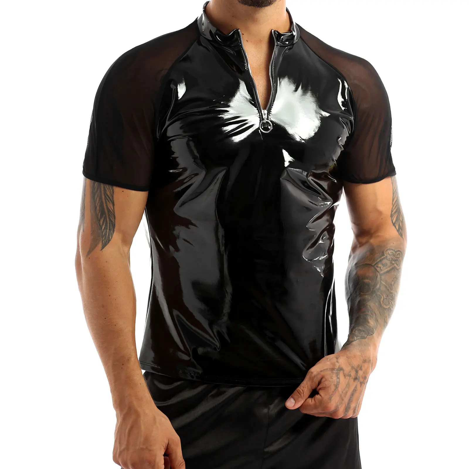 

Men Tees Shiny Wet Look Patent Leather Shirts Black Round Neck Sheer Mesh Short Sleeves Half Front Zipper T-Shirts Tops Clubwear
