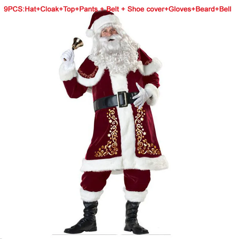 9PCS men Costumes Качественное рождественское платье, роскошный костюм Санта-Клауса, костюм Санта-Клауса для взрослых мужчин и женщин, роскошный костюм, карнавальный костюм на Рождество - Цвет: 9PCS men Costumes