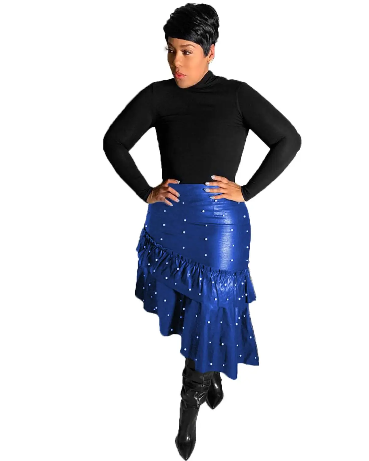 Из искусственной кожи с оборками и жемчугом, OL, сексуальные модные зимние богемные юбки в богемном стиле, женские пляжные повседневные юбки, D8220 - Цвет: Синий