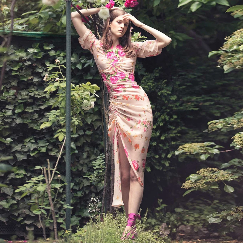 Взлетно-посадочной полосы дизайнерское платье Для женщин High-end v-образный вырез короткий рукав розовая Цветочная вышивка с нерегулярным длинным вечерние платье Vestido