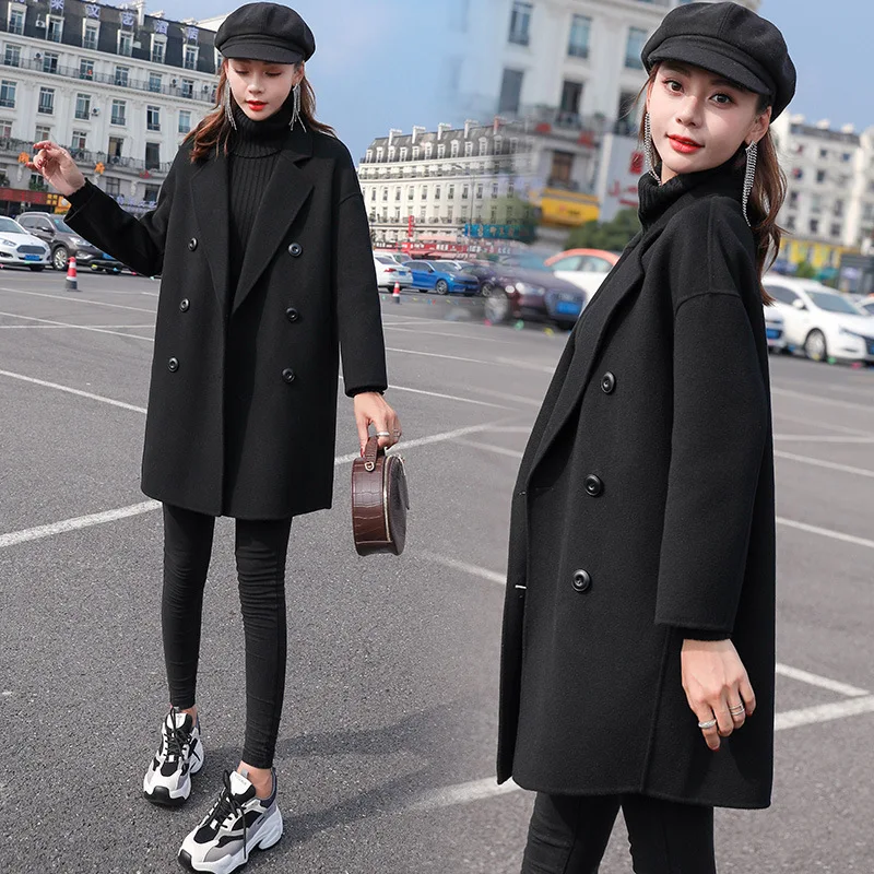 

Double Breasted Olo Collar Mid-length Straight-Cut 2019 Autumn Clothing New Style Fashion Woolen Jacket