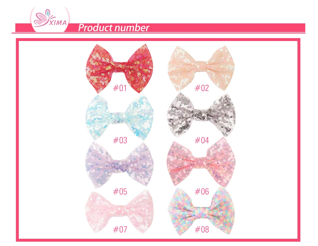 8pcs/set Girls Glitter Bows Princess Sweet Knot Design 4 Inch Bow WITH/WITHOUT Clips Shiny Sequin Rainbow Pink Color Hairbow
