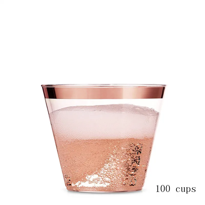 9 унций, 250 мл, 100 шт, розовое золото, пластиковые стаканчики, прозрачные одноразовые стаканчики, серебряные пластиковые стаканчики, свадебные, рождественские, вечерние, Необычные Коктейльные стаканы - Цвет: 100 pcs pink