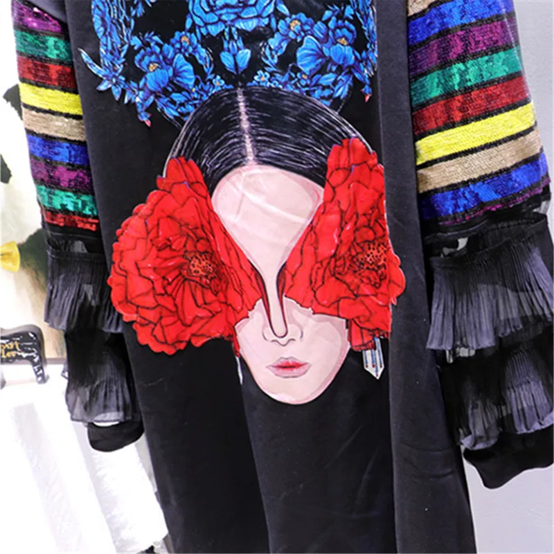 Женское платье толстовка с блестками черное свободное средней длины длинными