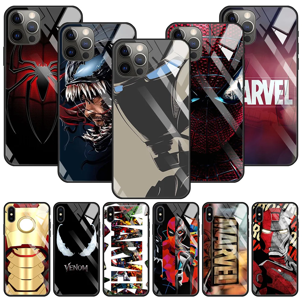 

Tempered Glass Case For iPhone 15 14 13 12 11 Pro Max Mini X XR XS Max 8 7 6s Plus SE Phone Shell Fundas Marvel Iron Man