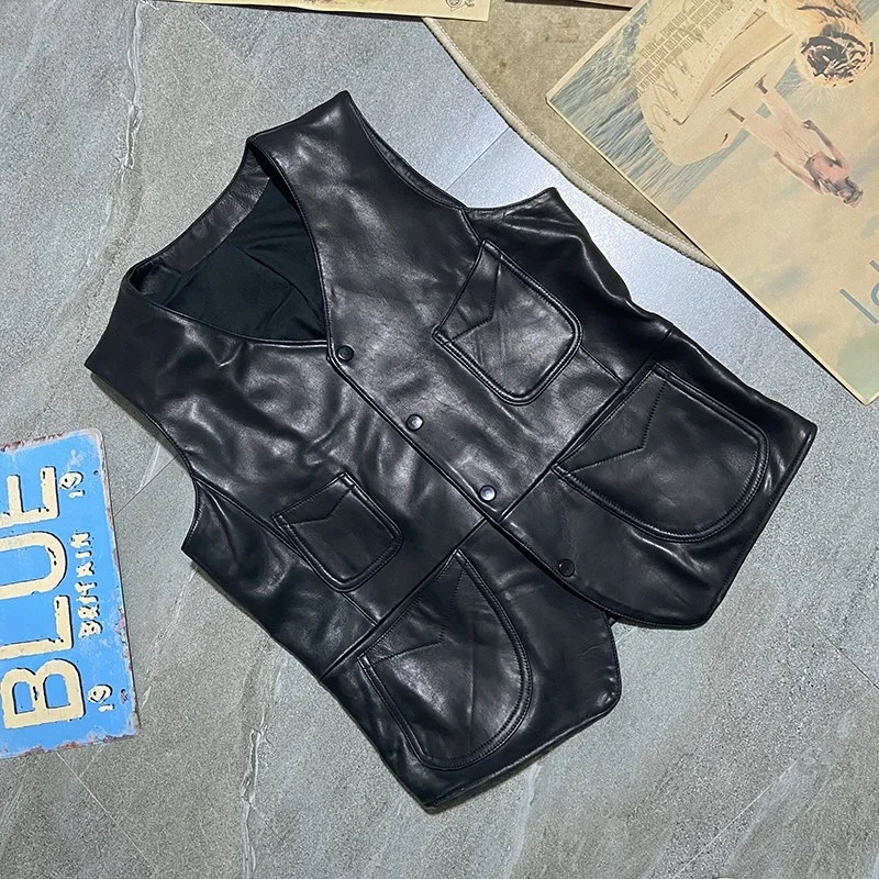 

Жилет мужской облегающий из натуральной овечьей кожи, однобортный пиджак без рукавов, жакет с V-образным вырезом в стиле ретро