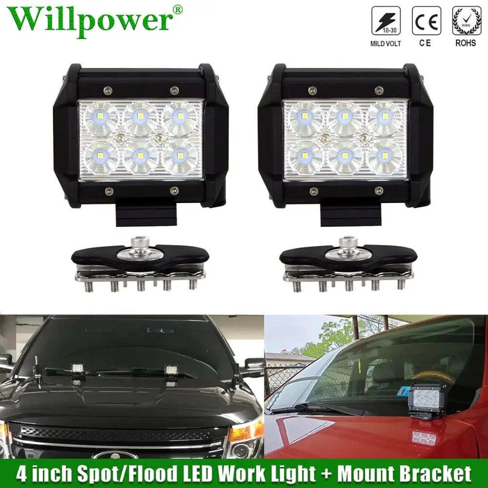 

SUV Car Engine Hood 18W 4" inch Spotlights Flood LED Work Lights w/ Mount Bracket For Jeep 4X4 Offroad A-Pillar Fog Lamp