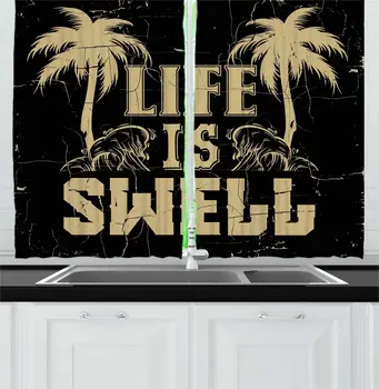 

Tan Charcoal Grey Palm Kitchen Curtains Life is Swell Typography Tropical Trees Island Beach Exotic Life Dark Window Drapes