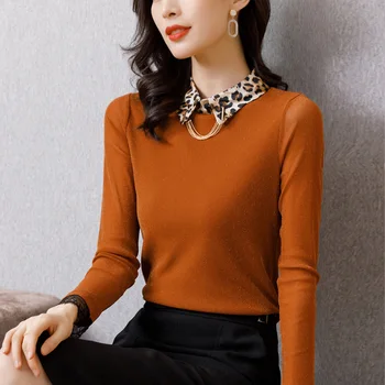 

COIGARSAM 3XL Plus Size Full Sleeve blouse women New Solid Leopard Mesh blusas womens tops and blouses Orange Black 1312