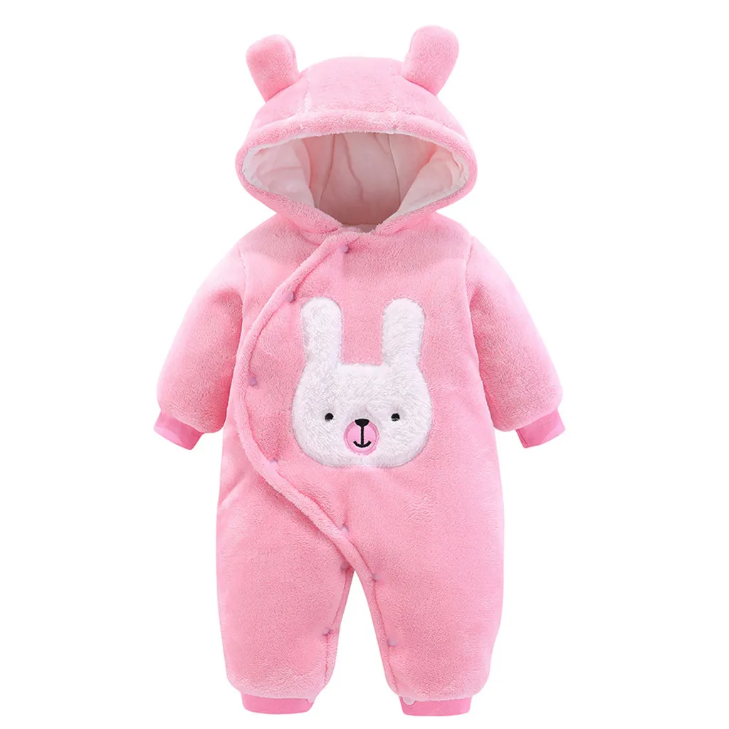 Pink Комбинезон с длинными рукавами для новорожденных мальчиков и девочек, зимний флисовый утепленный комбинезон с капюшоном и рисунком медведя для малышей - Цвет: Pink