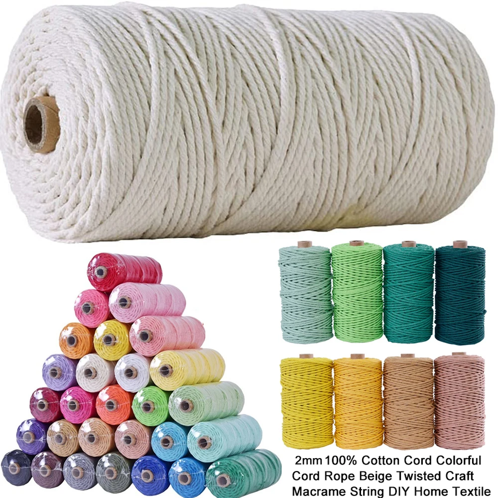 100M/Roll 2mm Cotton Rope Colorful Twine Macrame Cord Rope String Thread DIY Crafts Braided Twisted Cotton Home Textile Decor