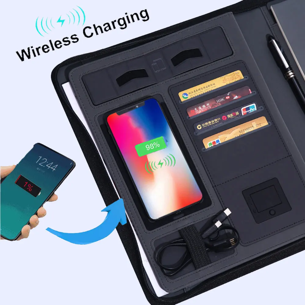 Office Padfolio A4 Wireless Charging Padfolio With 8000mah Power Bank & 16G U Disk & Notebook
