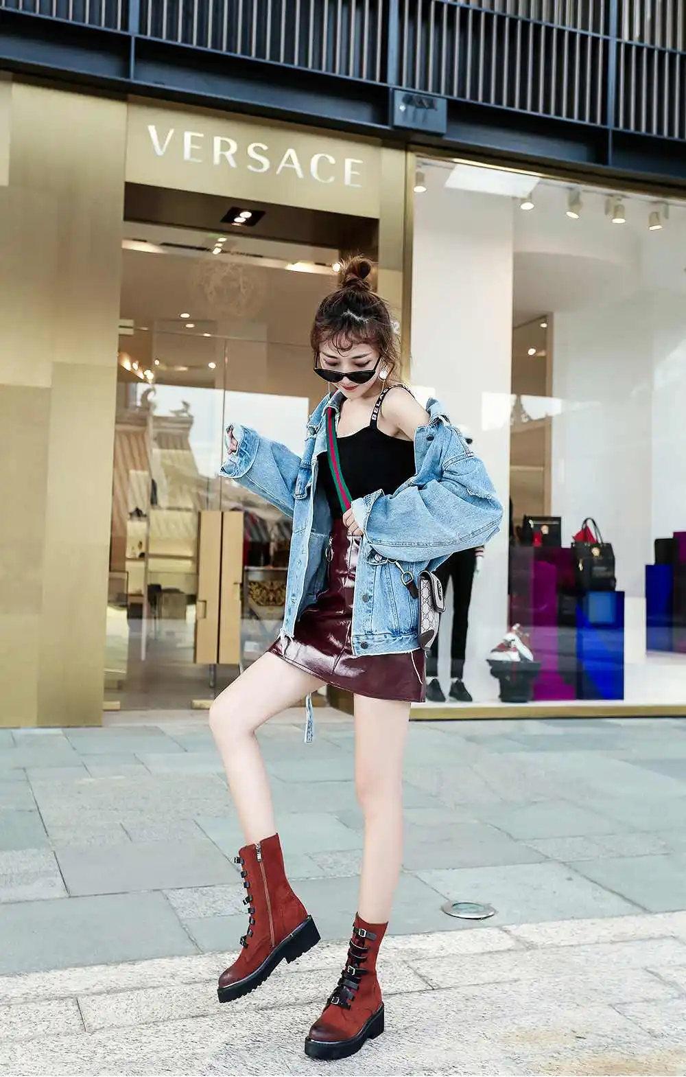 Lenkisen genuine leather vintage campus style belt buckle straps round toe high heels rock winter women warm mid-calf boots L33