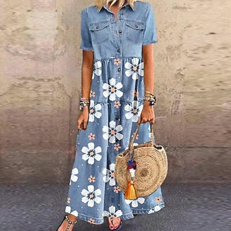 

Elegant Floral Print Women Maxi Dress Summer Casual Short Sleeve Button Dress Ladies Turn-down Collar Party Dresses Vestidos