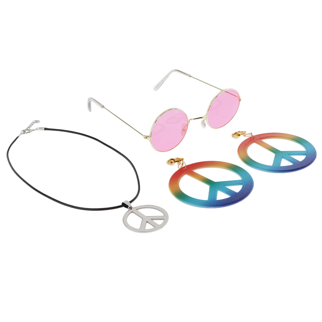 Peace Sign Necklace Earring Hippie Sun Glasses Hippie Costume Accessories Colorful Large Round Earring Necklace and Sunglasses