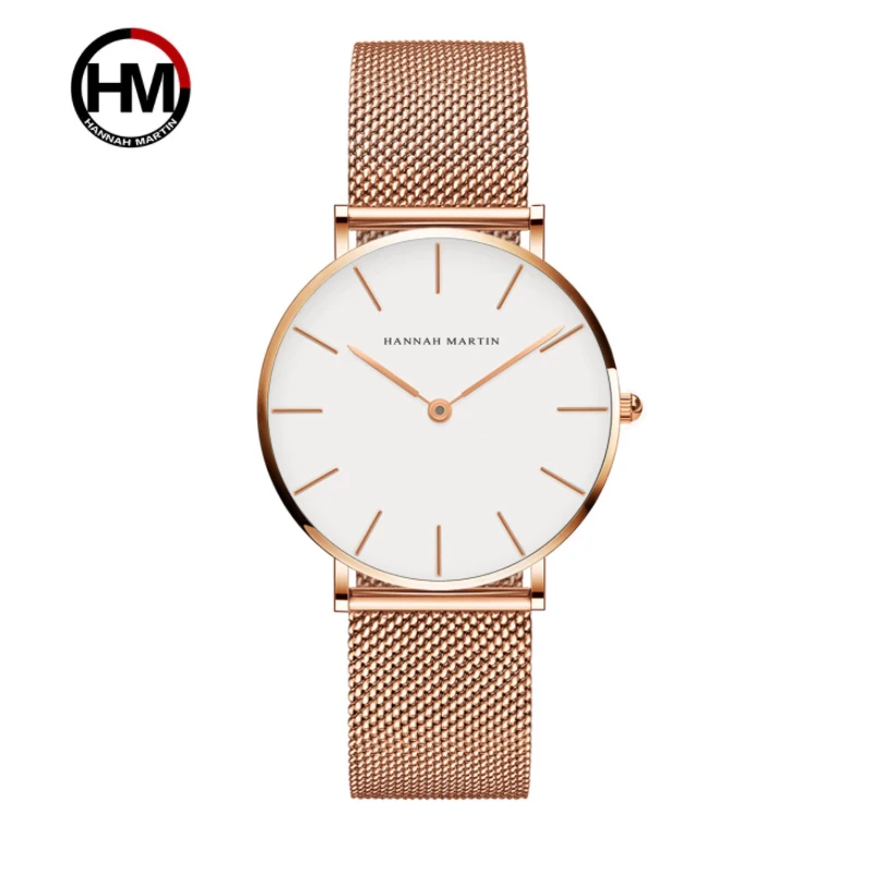 HM люксовый бренд, кварцевые женские часы, Япония, кварцевый механизм, водонепроницаемые, розовое золото, нержавеющая сталь, сетка, ультра-тонкие часы