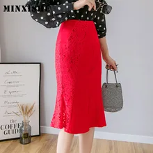 Новинка modis, кружевная Однотонная юбка-Русалка средней длины, красная женская юбка, весна, корейский стиль, обёрточная бумага, черная юбка с высокой талией, бандажные женские юбки
