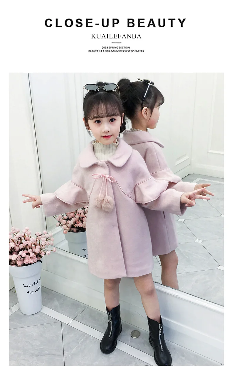 Kid's Clothes Children New Winter Outwear Girl Woolen Sweet Coat Warm Cute Lace Wing Sleeve Designer Wool Girl Jacket