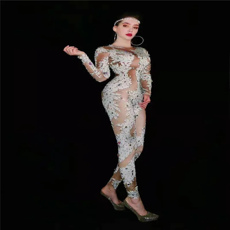 Женский сексуальный цветочный принт с длинным рукавом стразы комбинезон Beyonce сценическое Боди Певица наряд танцевальный костюм одежда