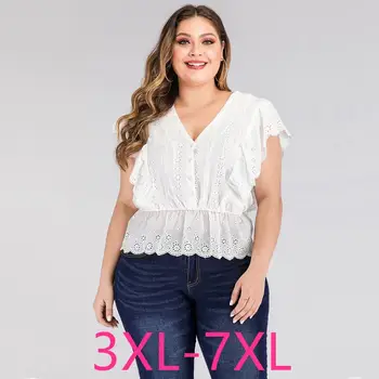 

2020 new summer plus size tops for women large blouse loose casual lace sleeveless V neck short shirt white 3XL 4XL 5XL 6XL 7XL