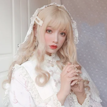 

TALANG 70CM Harajuku Lolita Girls Japan Cute Long Wavy Cream gold Ombre Bangs Party Synthetic Hair Cosplay Wig