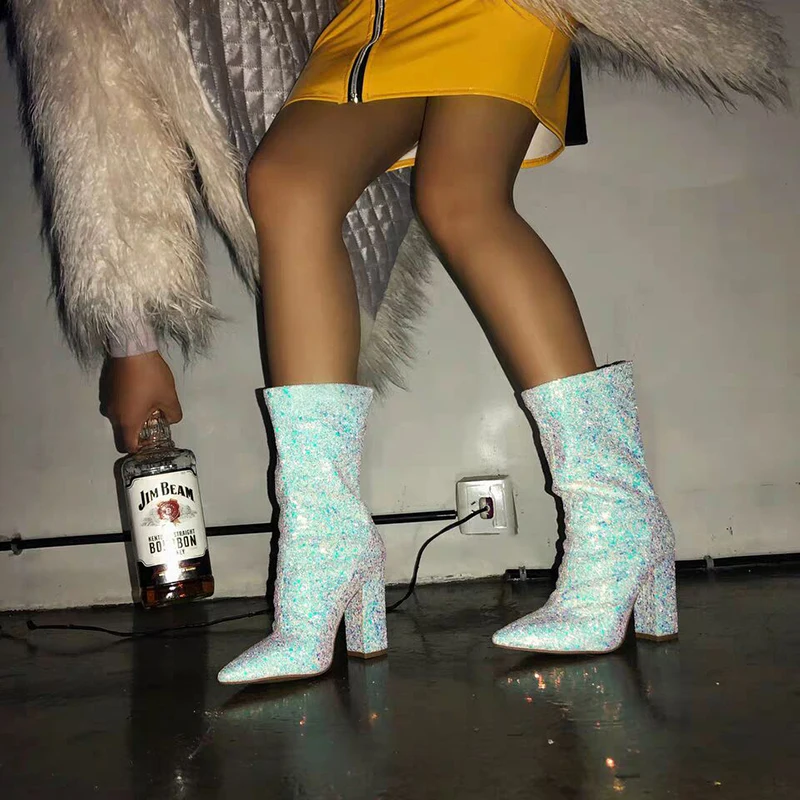 

2019 Winter New Mid-Calf Boots Women Pointed Toe Chunky heels Boots Light Blue Bling Sexy Party Boots Shoes Plus Size 42EU