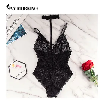 

SAY MORNING High Quality V-Neck Choker Lace Bodysuit Hollow Out Backless One Piece Sexy Lingerie