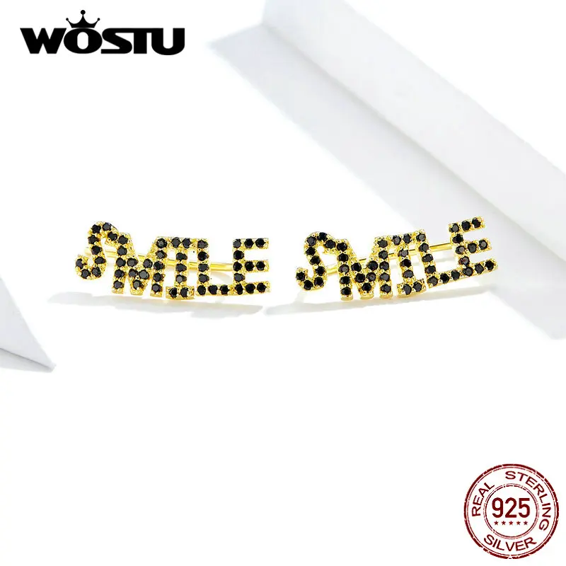 WOSTU, новая мода, настоящее 925 пробы, серебряные серьги-гвоздики с улыбающимися буквами для женщин, свадебные серьги золотого цвета, ювелирные изделия CQE764