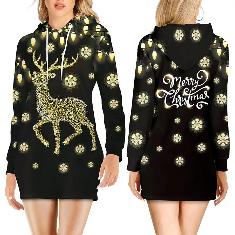 

Autumn Winter Hoodies Dress Pullover Women Long Sleeve Reindeer Snowflake Print Christmas Female Casual Warm Hooded Sweatshirt