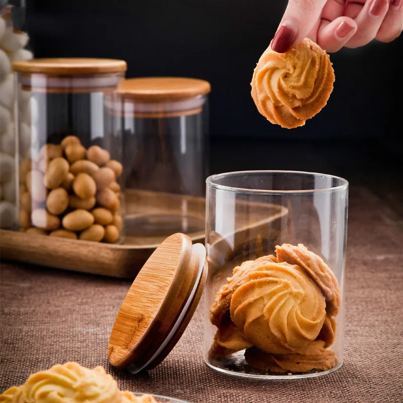 

High Borosilicate Glass Sealed Storage Tank with Bamboo Cover Round Food Coffee Tea Cans Kitchen Cereal Snack Storage Bottle