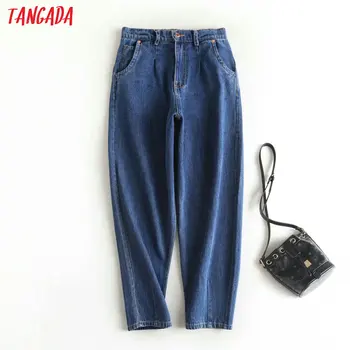 

Tangada 2020 women dark blue banana jeans pants long trousers strethy waist pockets zipper loose female pants 2P15