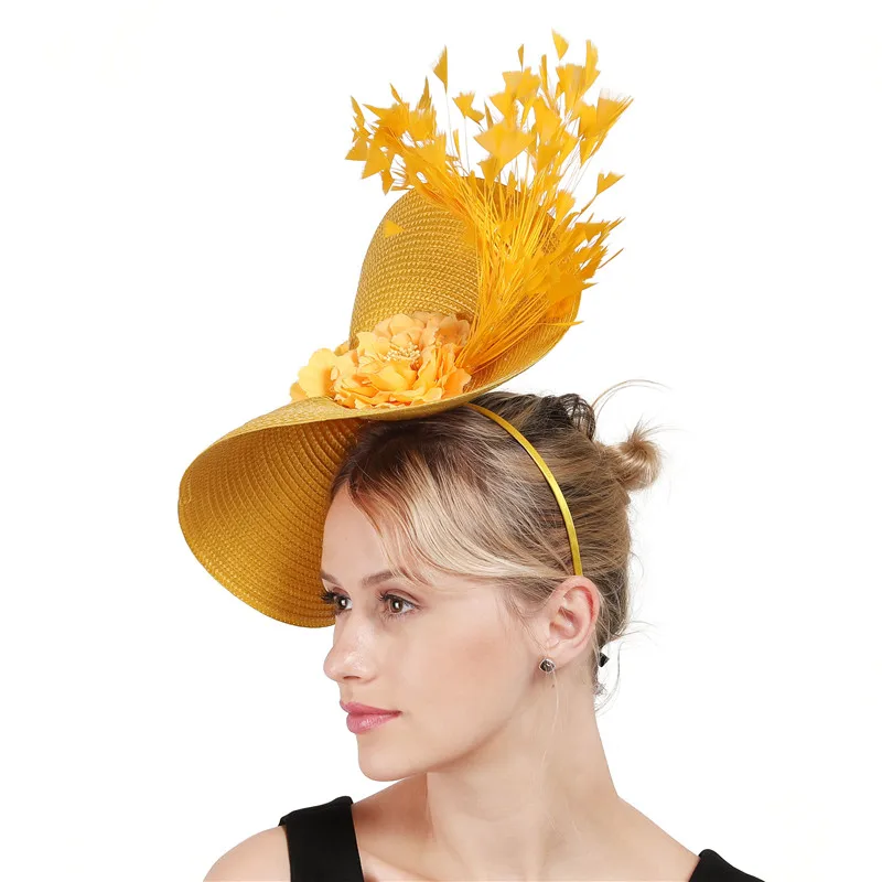 Винтажный желтый головной убор для больших волос, элегантный свадебный аксессуар для волос с перьями, Дамская Коктейльная шляпа
