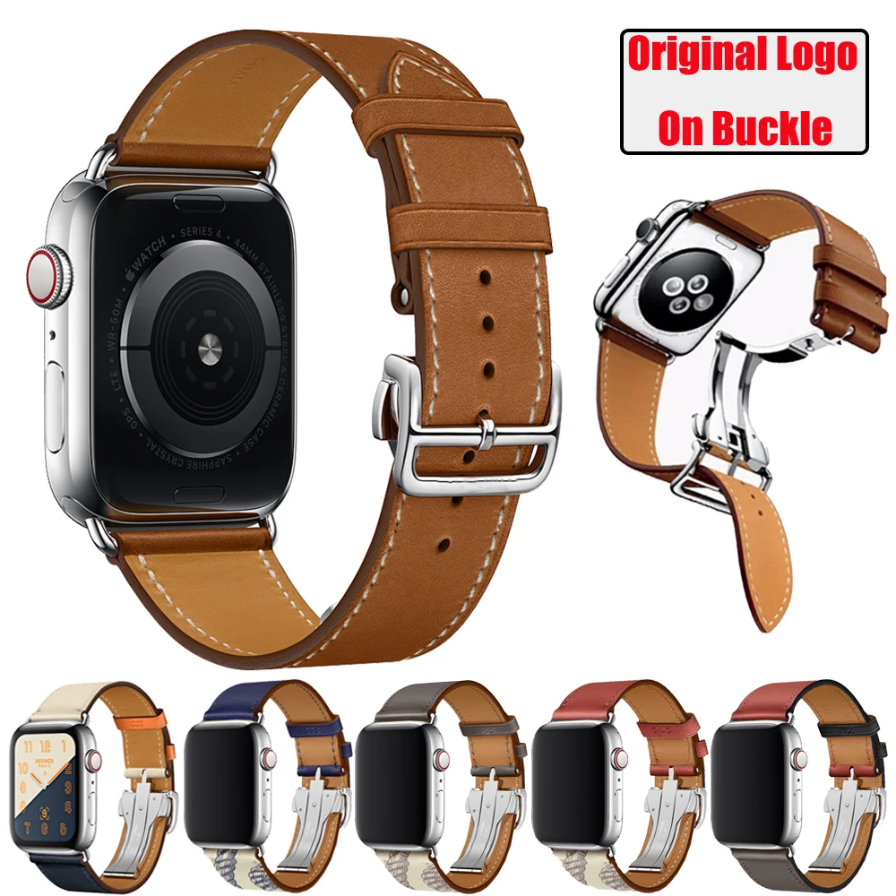 Herm Logo Leather Single Tour Deployment Buckle Watch Band for Apple Watch Series 6 5 4 3 2 144MM 40MM Strap for iWatch Bracelet afbeelding