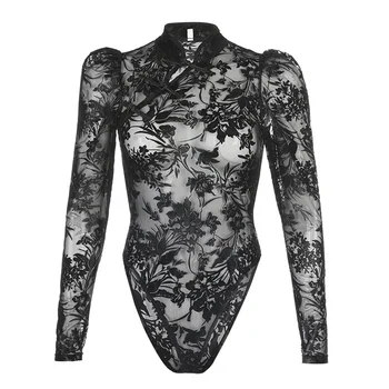 

Gothic Jumpsuit New Flocking Patterned Puff Sleeve Sheer Sexy Bodysuit Knotted Collar Female Summer Mesh Bodysuit Dark Top