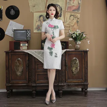 

FZSLCYIYI Sexy White Chinese Style Qipao Dresses Slim Thin Lace Cheongsam Summer Fashion Improvement Vintage Qipao