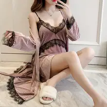 2 шт Сексуальное Женское кружевное лоскутное платье на бретелях длинный халат с рукавом и поясом комплект ночного белья