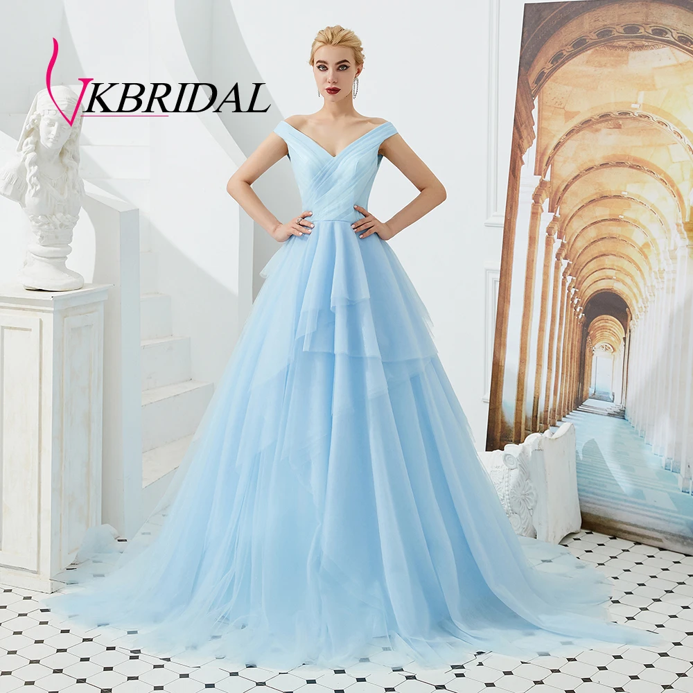 

VKbridal Long Evening Dress 2019 Blue Tiered Draped Ball Gown Formal Robe de Soiree Abendkleider Lang Vestido Longo Festa