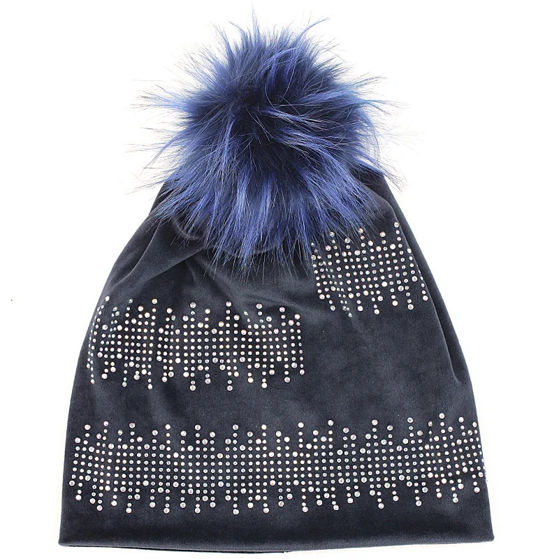 Geebro, модная женская шапка, стразы, Skullies Beanies, зимняя, теплая, женская, толстая, для девушек, мягкая, шапка с 15 см искусственным мехом, помпон, Hairball - Цвет: navy 3