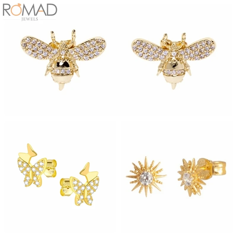 

925 Sterling Silver Stud Earrings For Women Zircon Crystal Sun Flower Butterfly Insect Bee Honeybee Earings Jewelry Pendientes