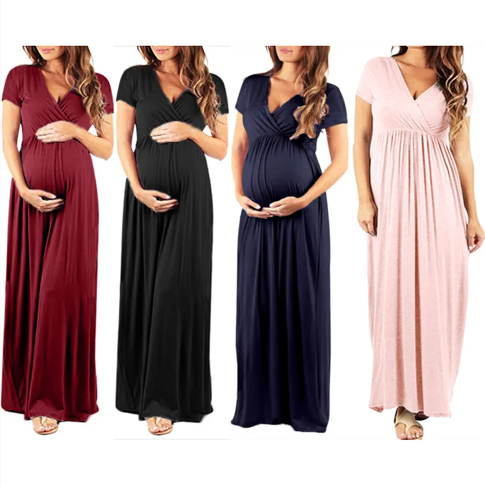 

E2019 New Style Sexy Cross V-neck Short Sleeve Pleated Elastic Waist Big Hemline Pregnant Women Mopping Long Skirts