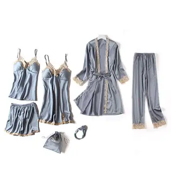 

Sexy Lace Solid Gray Lady 5pcs Sleepwear Nightdress Casual Soft Kimono Bath Gown Nightgown Suit Silky Satin Wedding Robe Set XXL