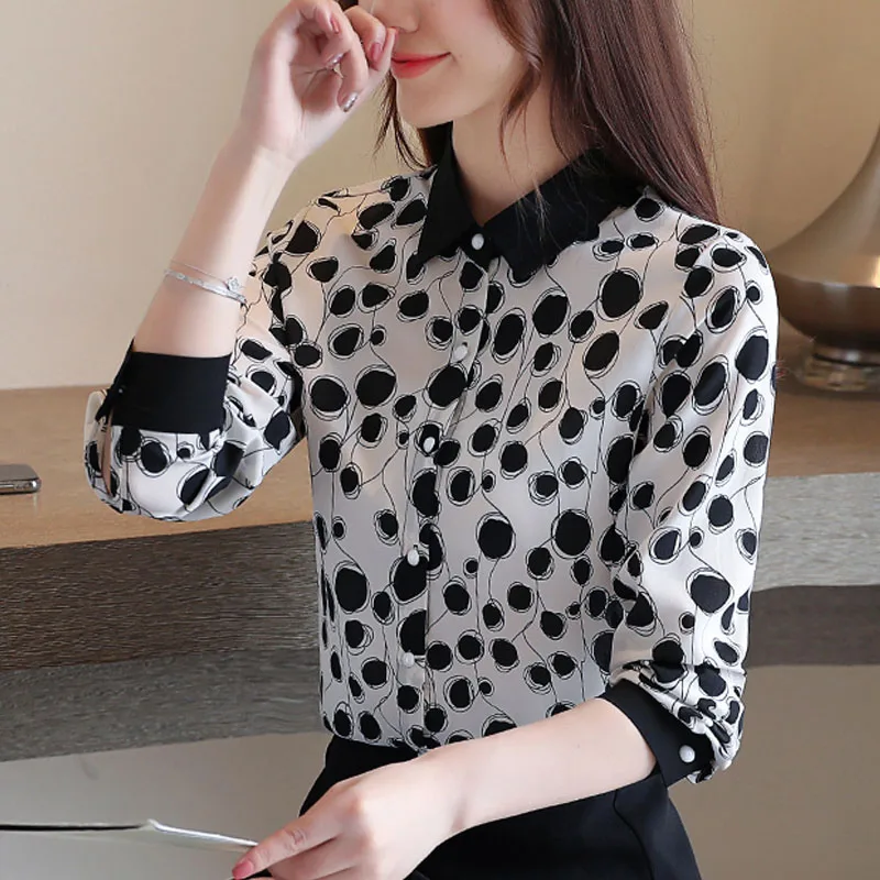 

Autumn blouse women 2019 Chiffon Button Polka Dot Stand printing ladies tops OL korean clothing red black long sleeve tops 0357