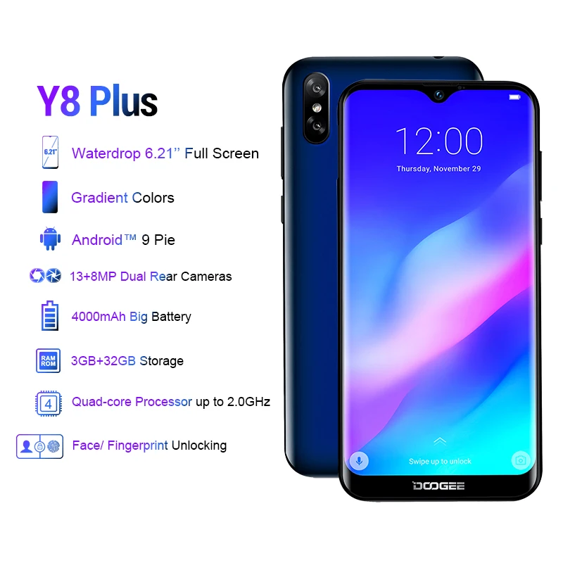  DOOGEE Y8 Plus Smartphone Android 9.0 MTK6761 3GB RAM 32GB ROM FDD LTE 6.21inch 19:9 Waterdrop Scre