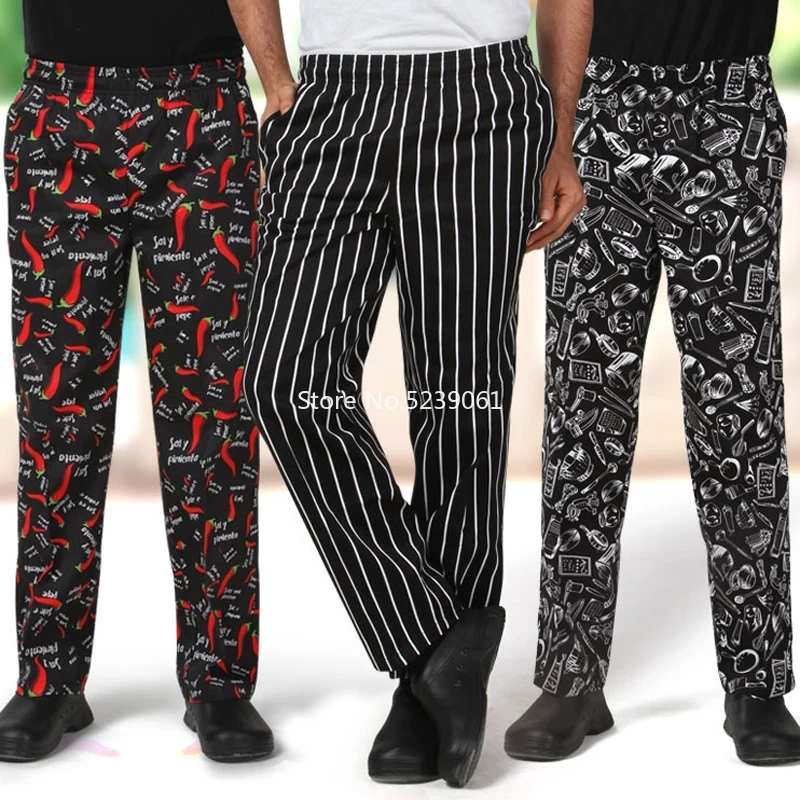 Online Uniformes de Chef impresos para hombre, pantalones a rayas de cocina, pantalones de cintura elástica para restaurante occidental, ropa de trabajo, disfraces de Cosplay
