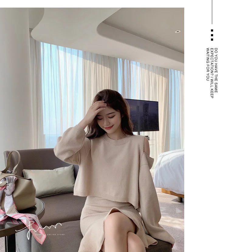 Autumn Elegant Ladies Women Fashion Loose Sexy Hollow Out Off Shoulder Pullovers Sweater+Mini mermaid Skirt Suits