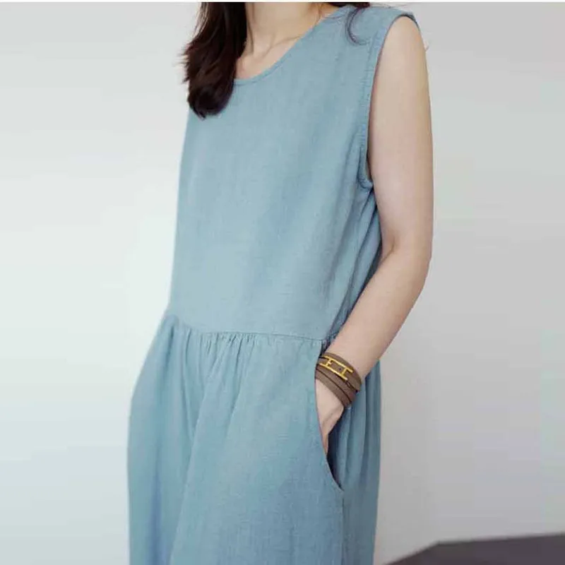 Johnature 2020 New Korean Casual Cotton Linen Sleeveless Loose Jumpsuits Women Summer Pockets Ankle-length Bodysuits Johnature 2020 New Korean Casual Cotton Linen Sleeveless Loose Jumpsuits Women Summer Pockets Ankle-length Bodysuits