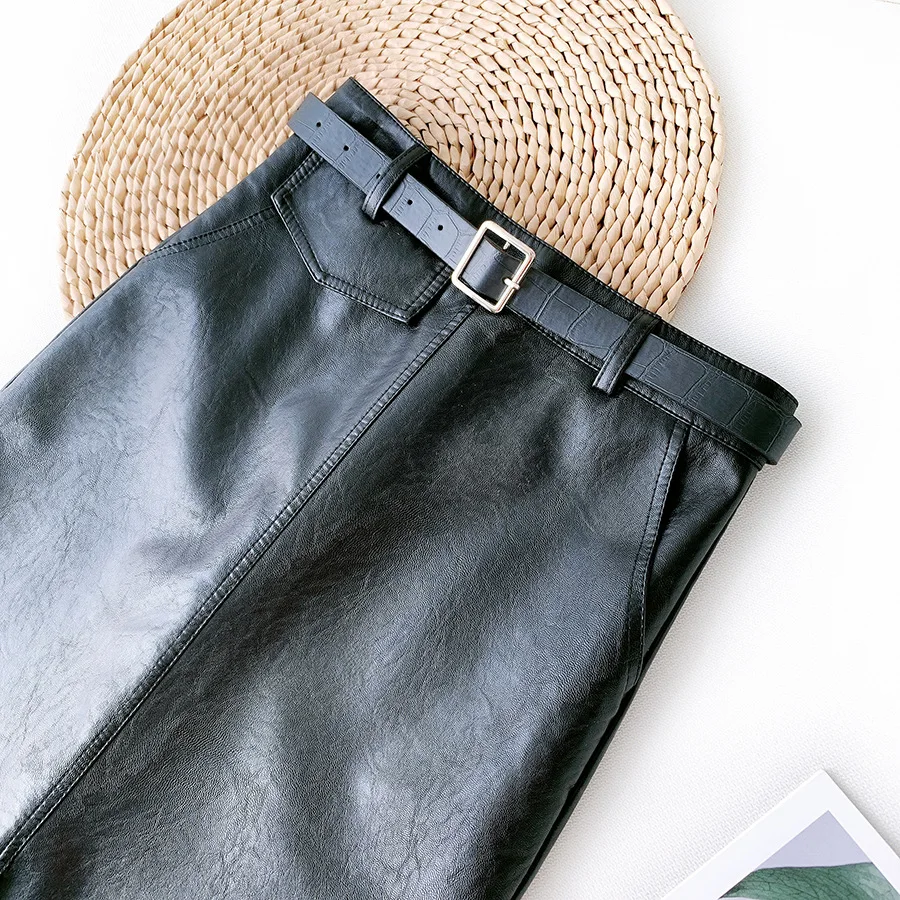 Autumn Black Faux Leather Midi Pencil Skirts with Belt Front Split Retro Slim Temperament Knee Length OL PU Leather Skirts