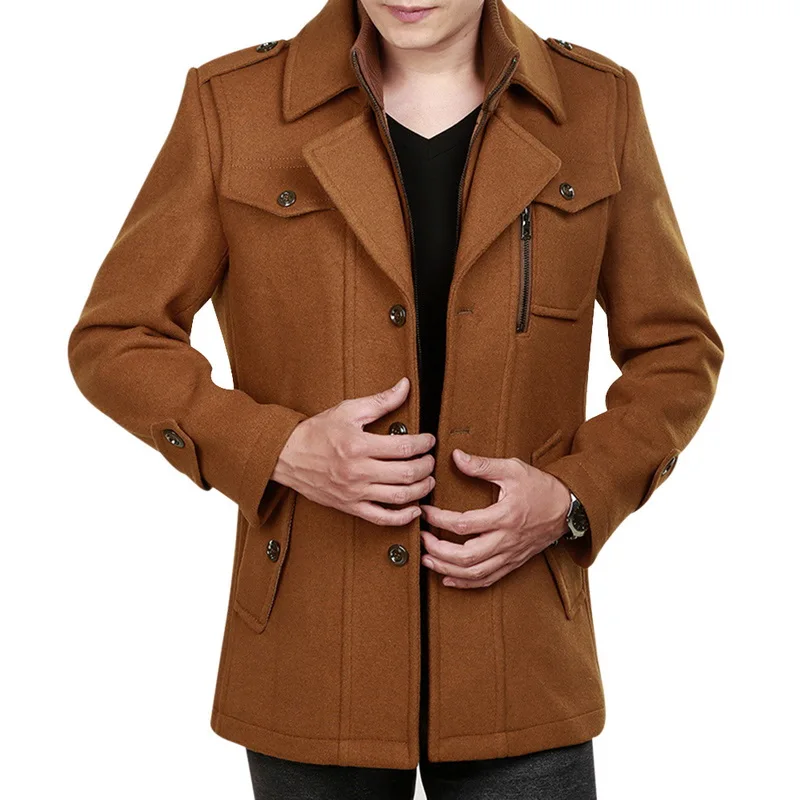 Khaki CYSINCOS новая флисовая Мужская куртка шерстяное Пальто Повседневное однотонное кашемировое стоячий воротник с отворотом Большой размер мужское зимнее теплое пальто - Цвет: Khaki