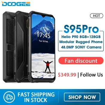 Перейти на Алиэкспресс и купить Модульный усиленный мобильный телефон DOOGEE S95 Pro, 6,3-дюймовый дисплей, 5150 мАч, Helio P90 восемь ядер, 8 Гб 128 ГБ, камера 48 МП, Android 9, IP68/IP69K